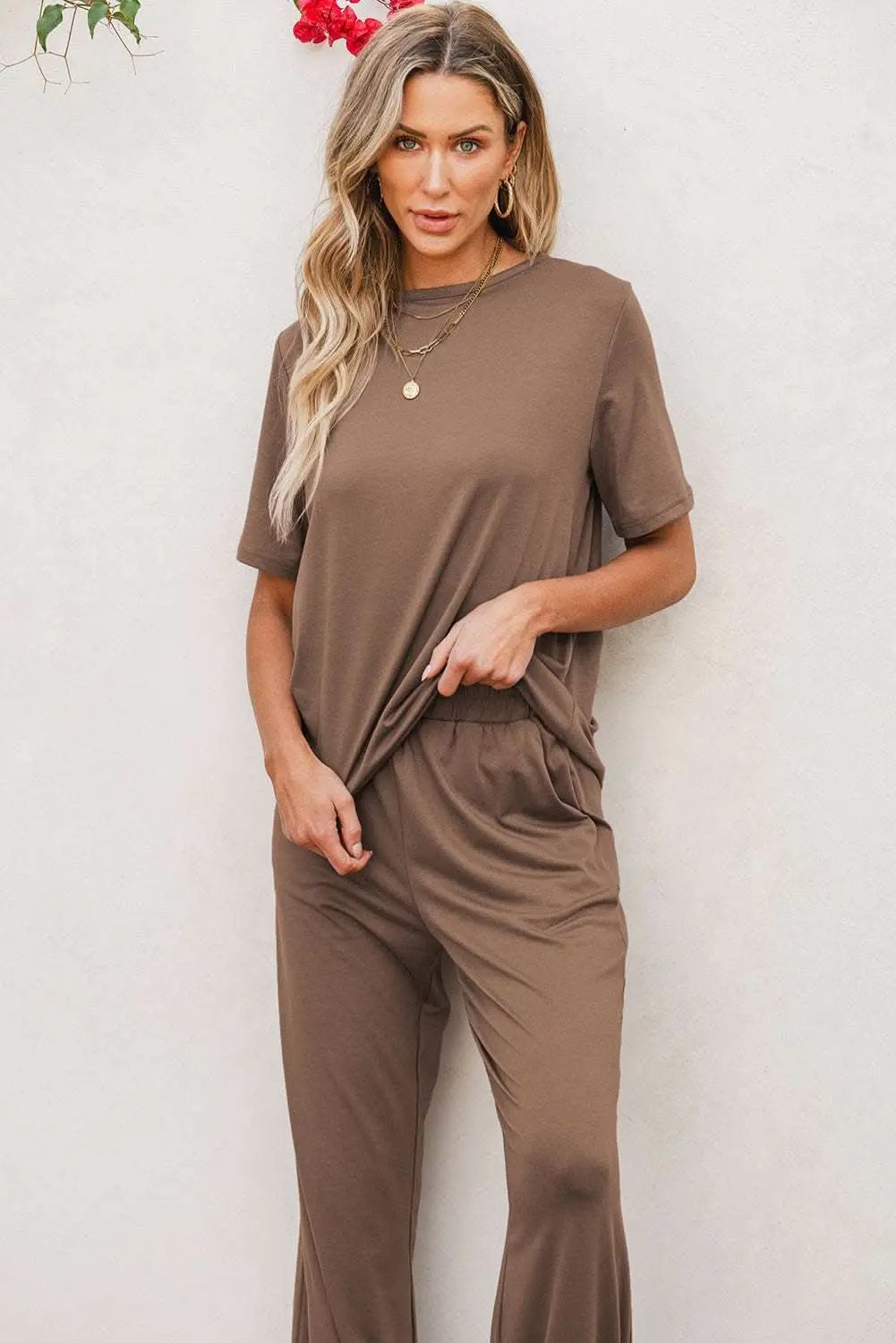 Smoke Gray Solid Color T Shirt 2pcs Wide Leg Pants Set - Love Salve
